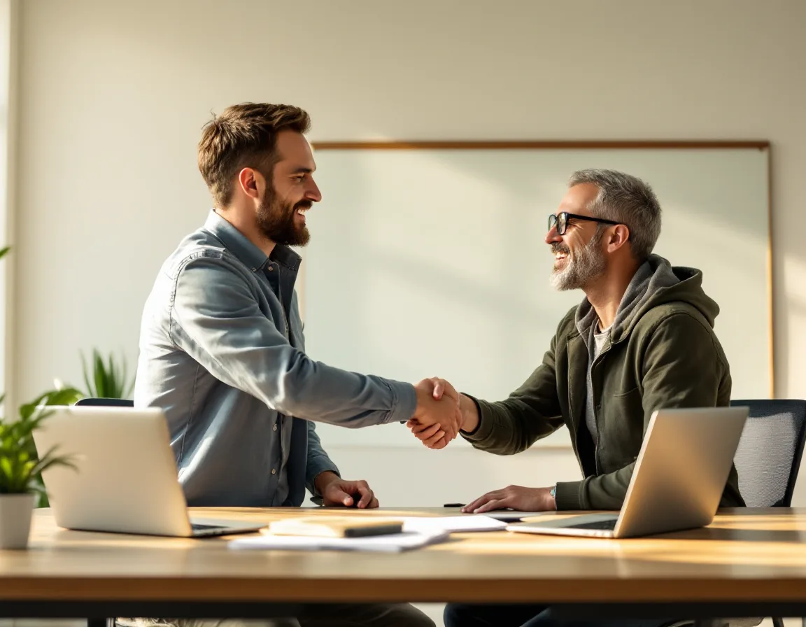 A startup founder shaking hands with a newly placed senior engineer